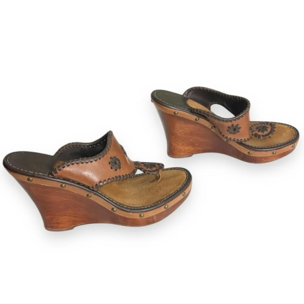 JACK ROGERS Marbella Wooden Wedge Whipstitched Leather Sandals